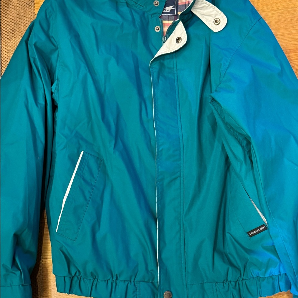 Vintage Members Only Turquoise Jacket with White Detail Size L